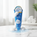 Senka Perfect Whip Beauty Foam editorial product shot on white marble with foam bubbles