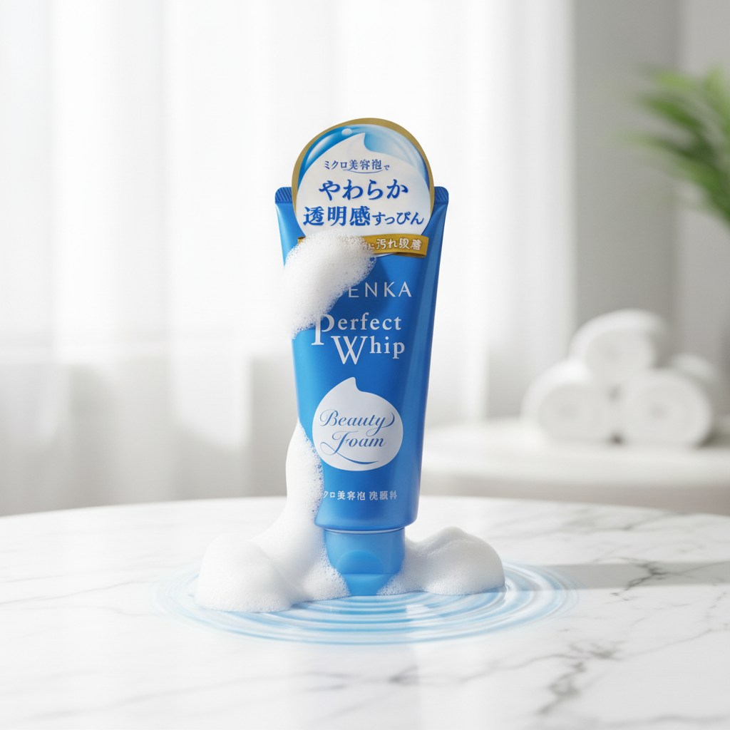 Senka Perfect Whip Beauty Foam editorial product shot on white marble with foam bubbles