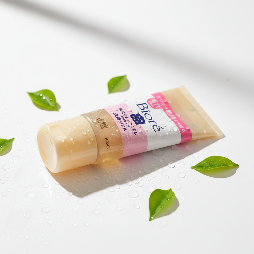 Bioré Massaging Facial Wash Gel editorial product shot with fresh water droplets and green leaves
