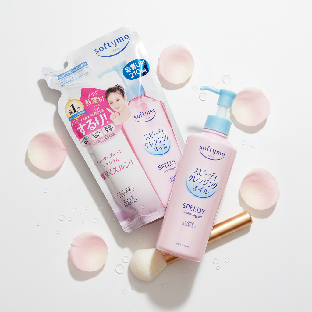 Softymo Speedy Cleansing Oil editorial product shot with pink rose petals and makeup brush