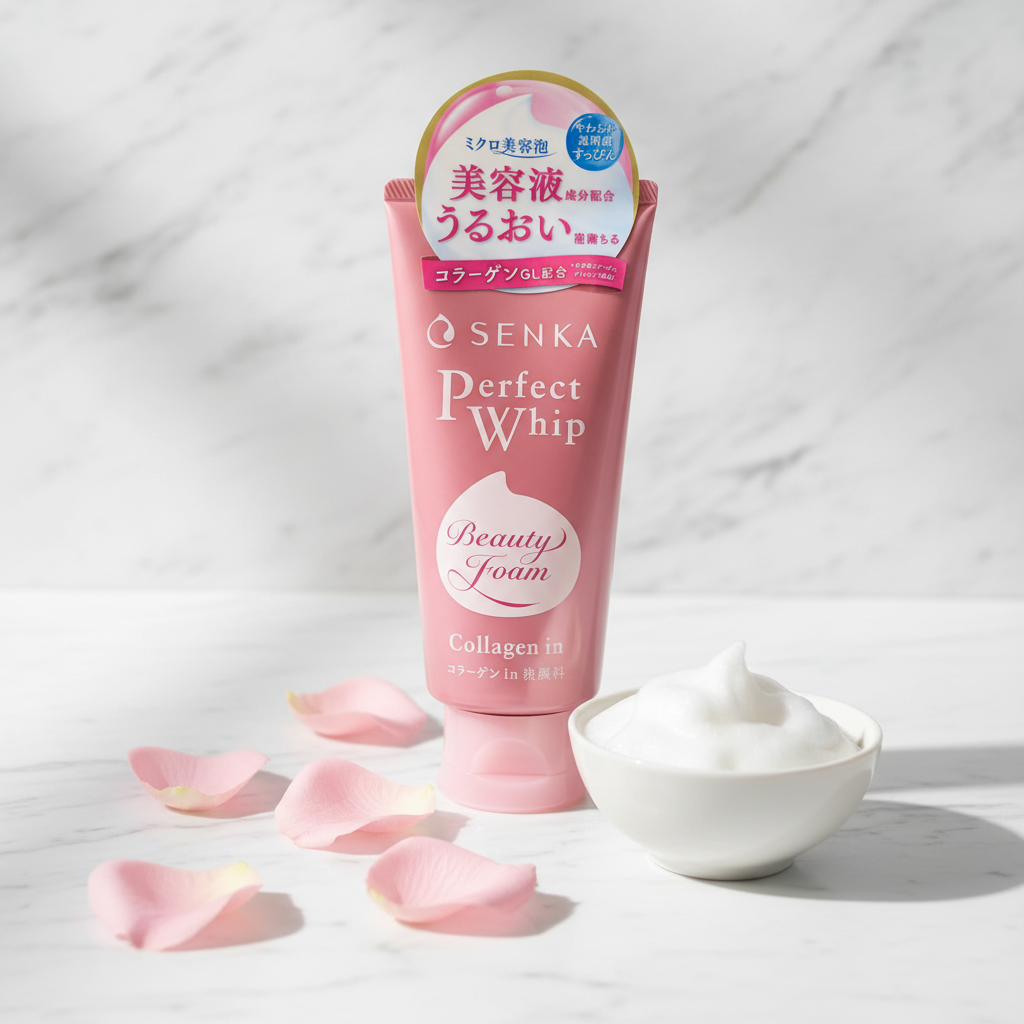 Senka Perfect Whip Collagen In Beauty Foam editorial product shot on marble with rose petals
