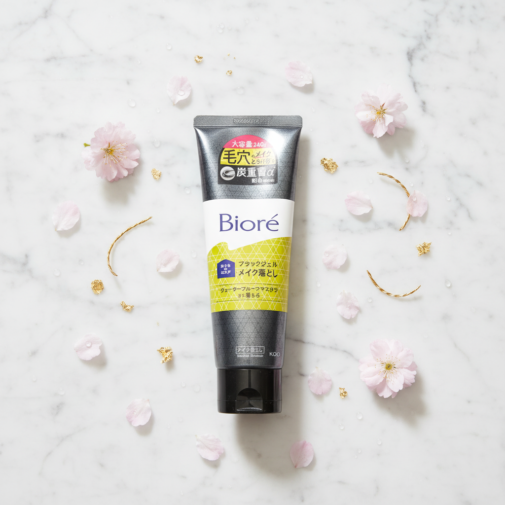 Bioré Black Gel Makeup Remover 240g Japanese skincare product on white marble with cherry blossoms