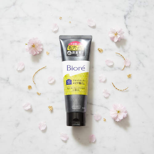 Bioré Black Gel Makeup Remover 240g Japanese skincare product on white marble with cherry blossoms