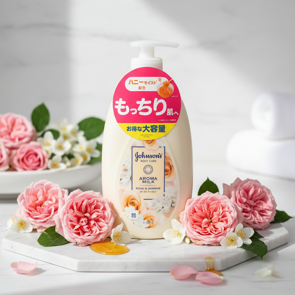 Johnson's Aroma Milk Rose Jasmine editorial product shot with pink roses and white jasmine flowers