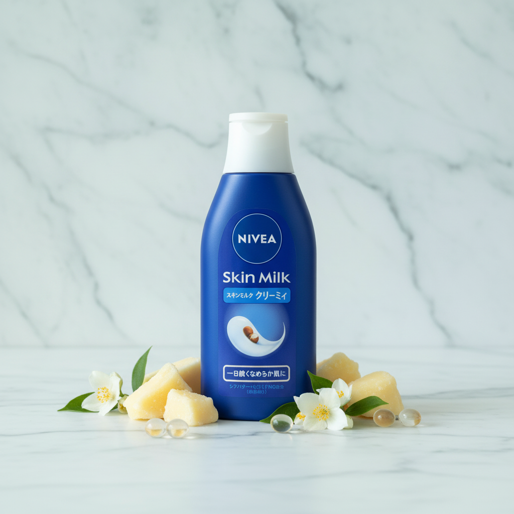 NIVEA Skin Milk Creamy editorial product shot on marble with shea butter and white flowers