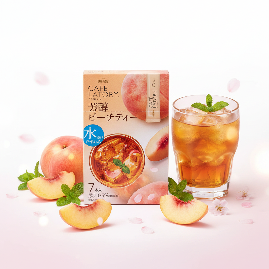 AGF Blendy Café Latory Aromatic Peach Tea box with iced peach tea glass, fresh peaches and mint leaves on white background