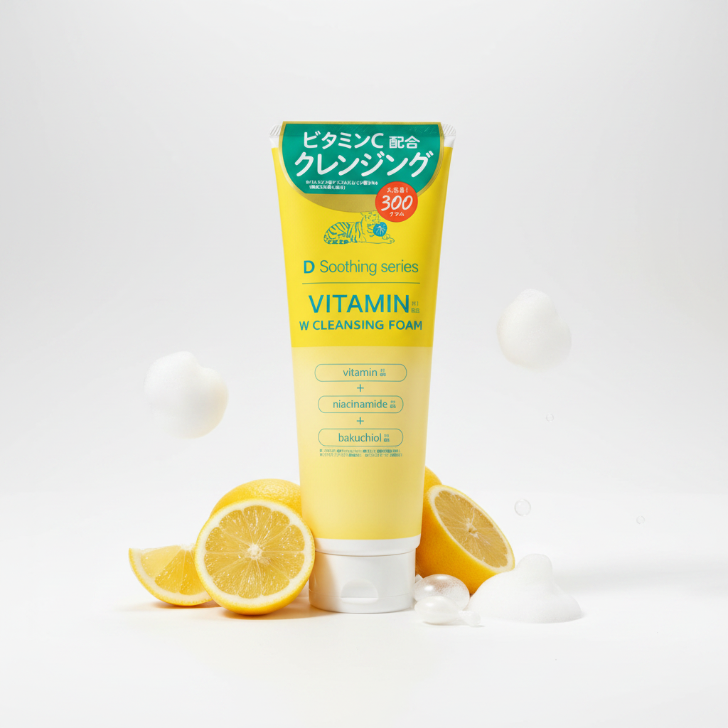 D Soothing Vitamin W Cleansing Foam editorial product shot with lemon slices and vitamin capsules