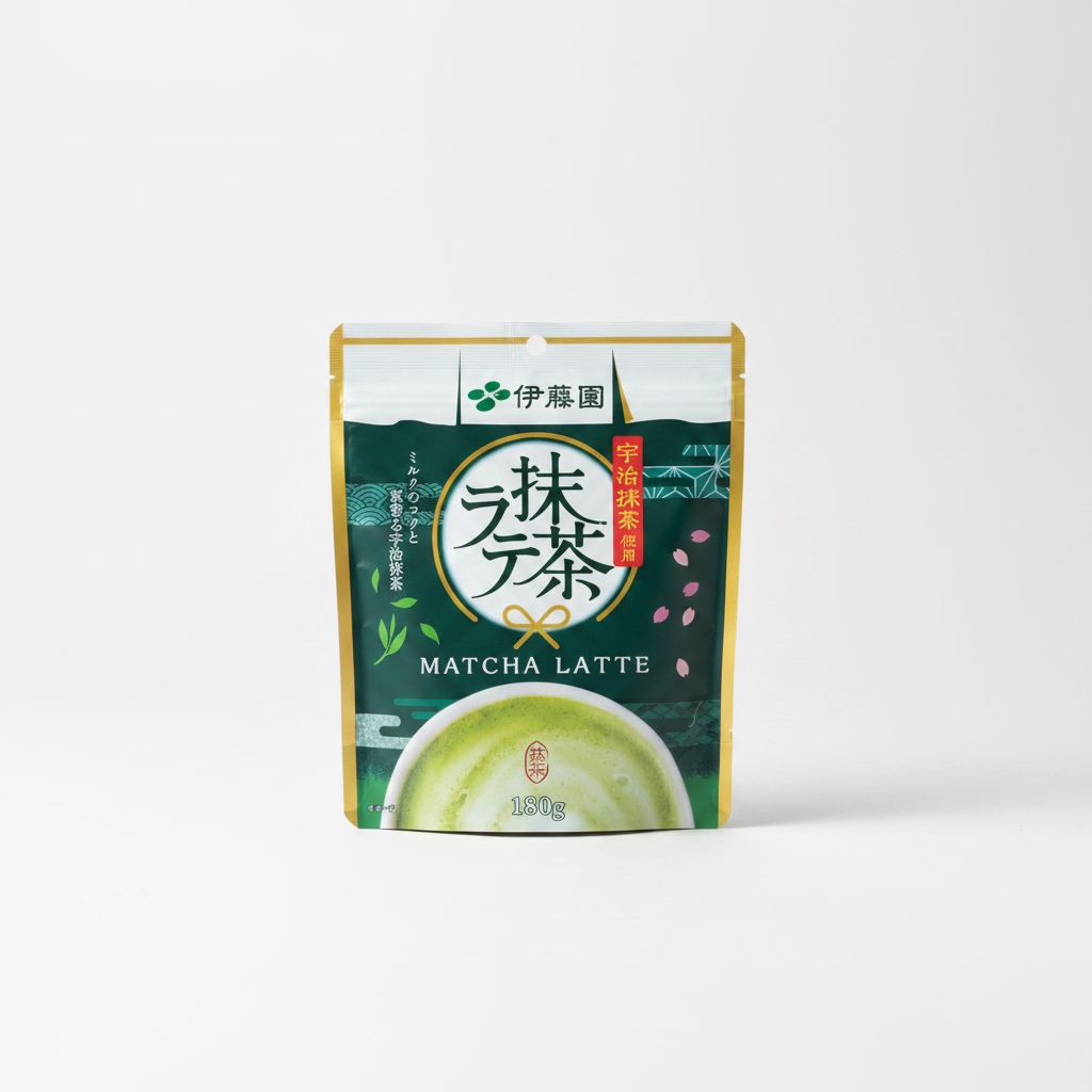 Ito En Matcha Latte 180g studio product photo – Japanese green tea latte powder on white background