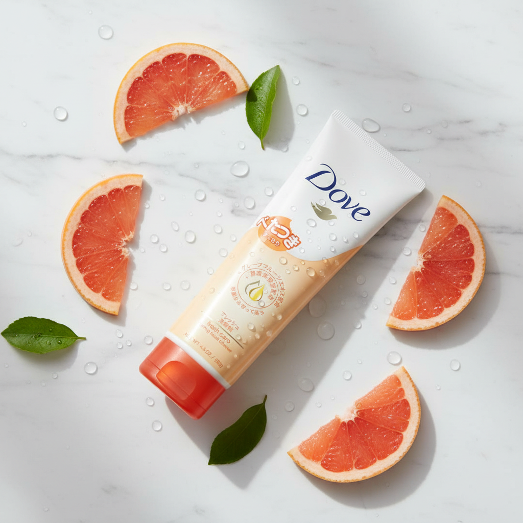 Dove Fresh Care Foaming Facial Cleanser lifestyle flat lay with grapefruit – premium Japanese skincare Bangladesh